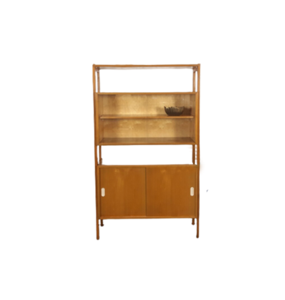 Vintage wooden showcase with sliding doors and white handles