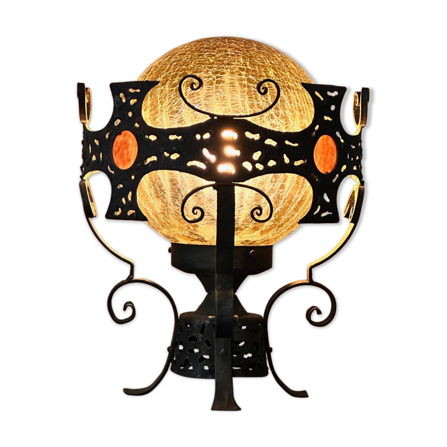 Large vintage wrought iron and glass pendant lamp