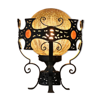 Grande lampe (suspension) vintage en fer forgé et verre