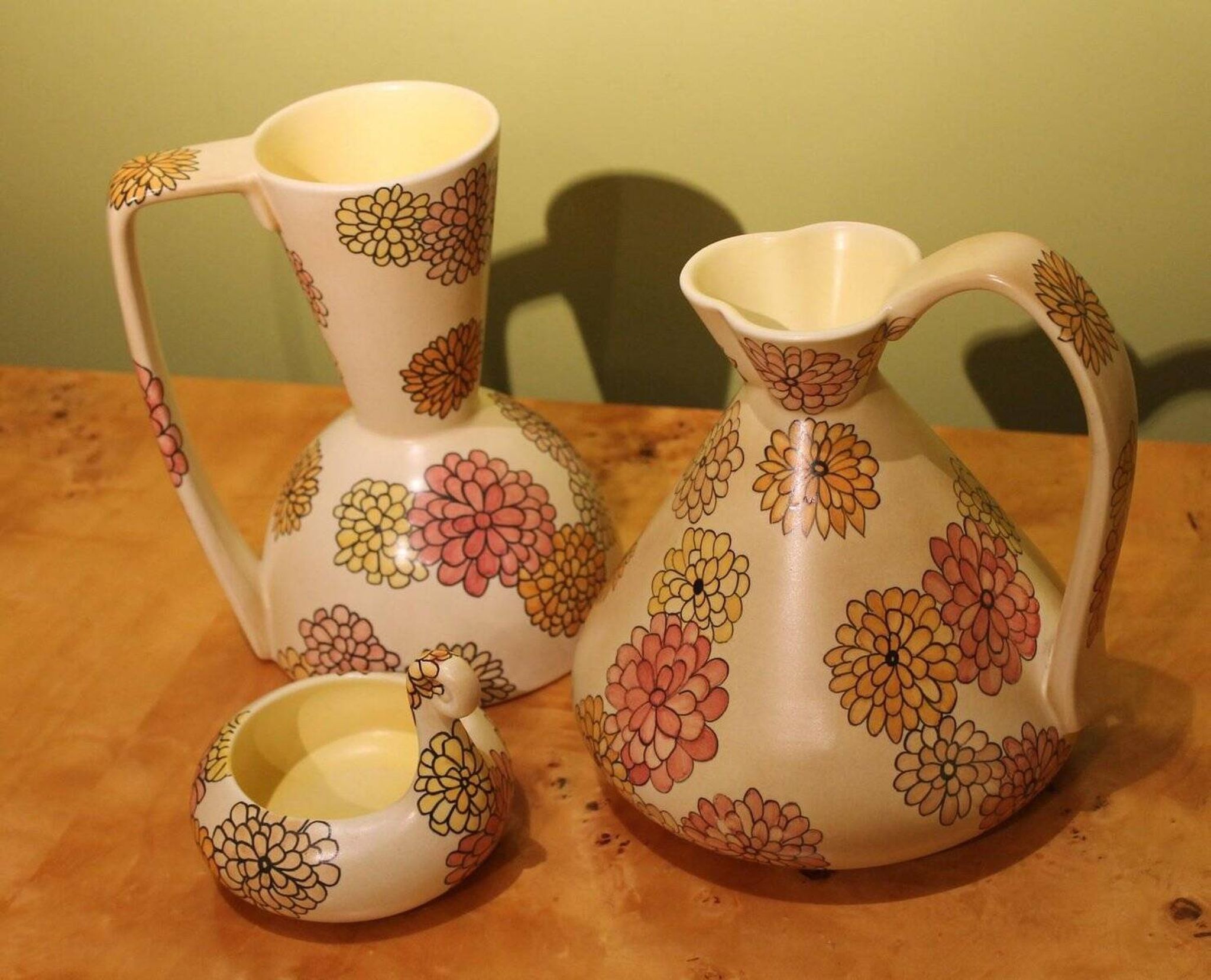 Italian Art Deco Ceramic Jug, Pitcher and Tray Set with Floral Patterns from Lenci, 1930s, Set of 3