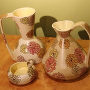 Italian Art Deco Ceramic Jug, Pitcher and Tray Set with Floral Patterns from Lenci, 1930s, Set of 3