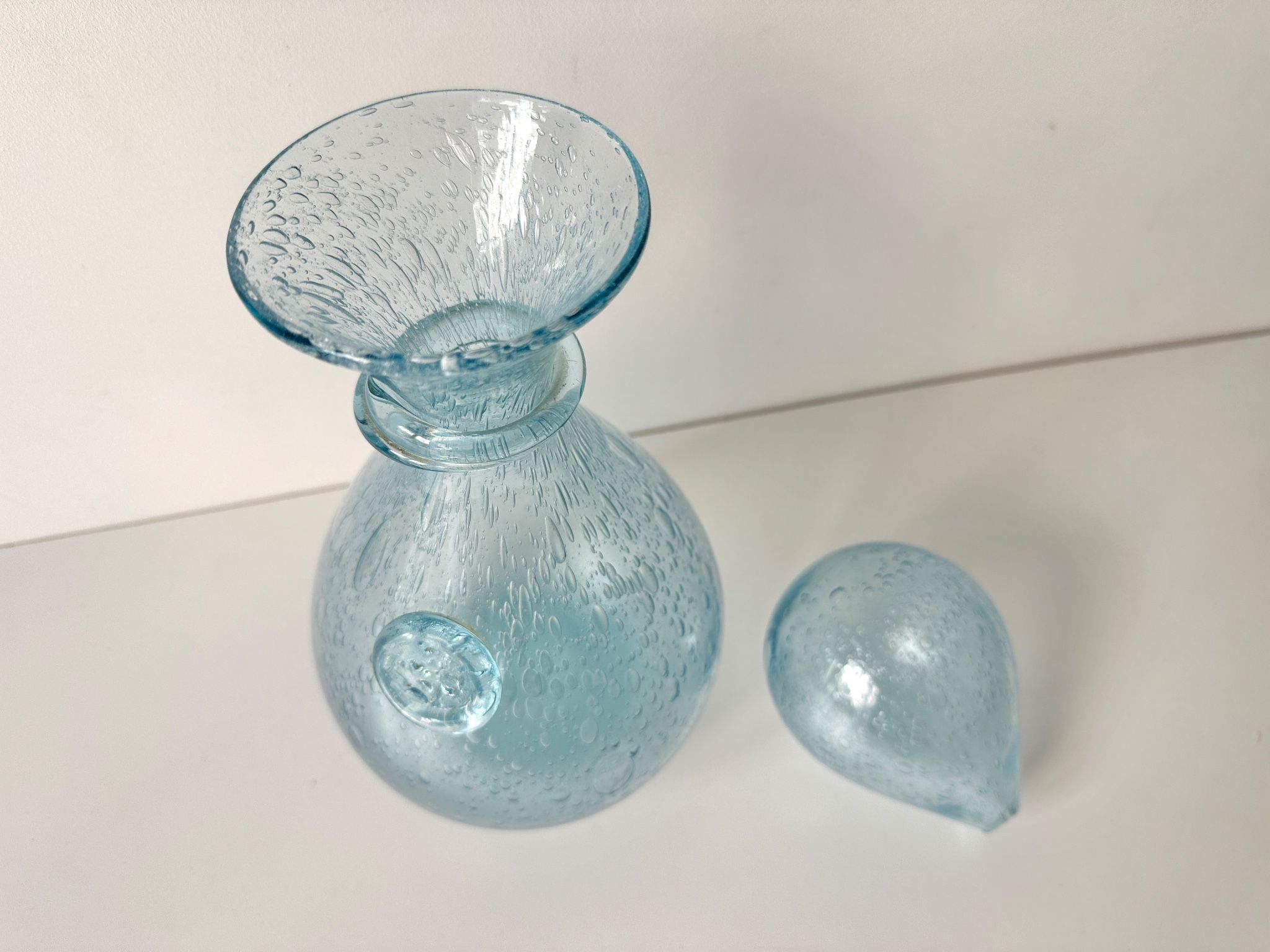 Vintage 1960s blue bubble glass BIOT carafe