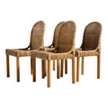 Oak and rattan chair, set of 4