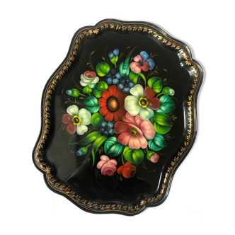 Plateau russe en métal noir avec décor floral peint à la main