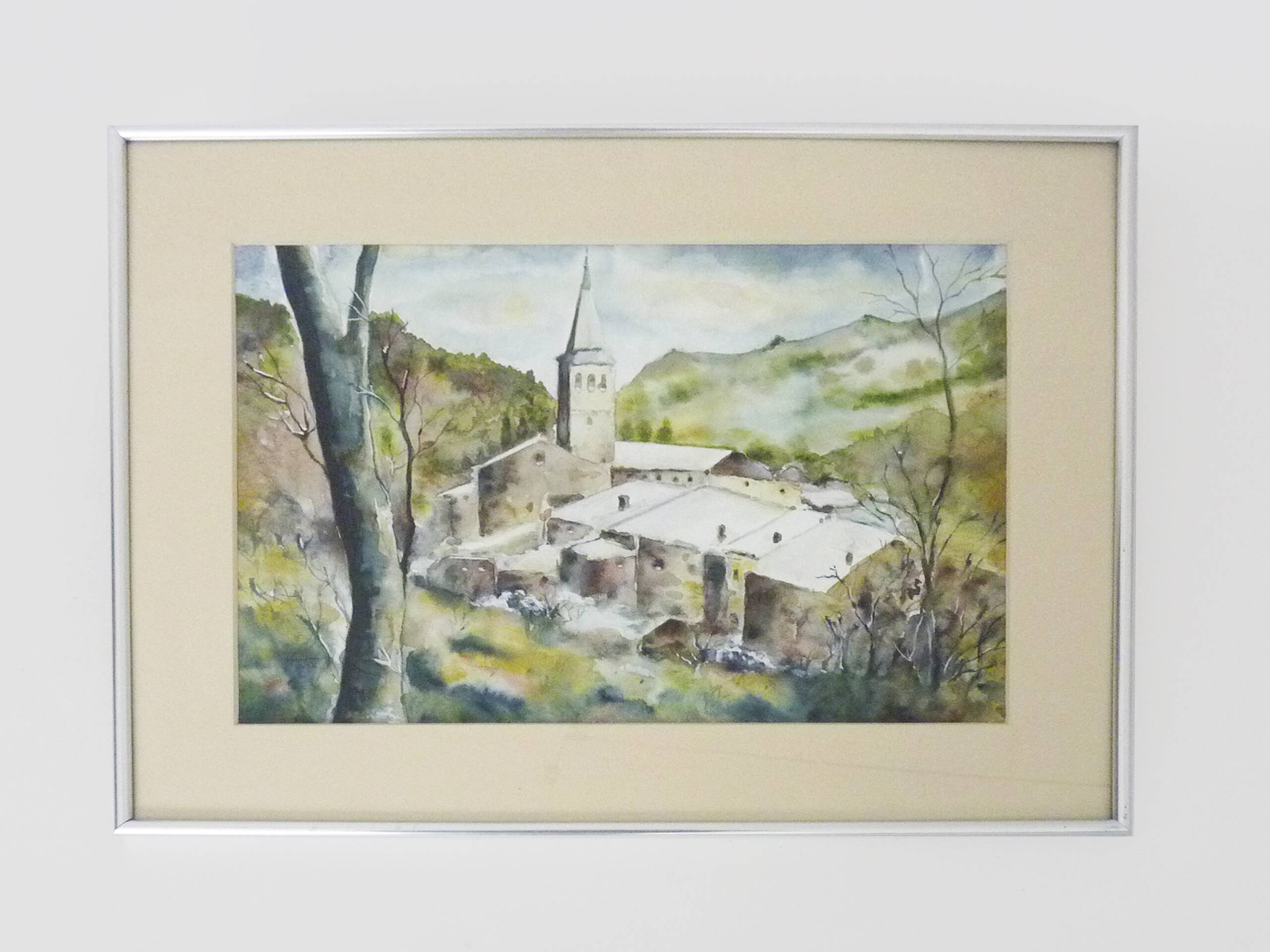 Original watercolor by Carani church in the mountains. Signed