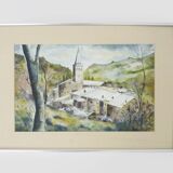 Original watercolor by Carani church in the mountains. Signed