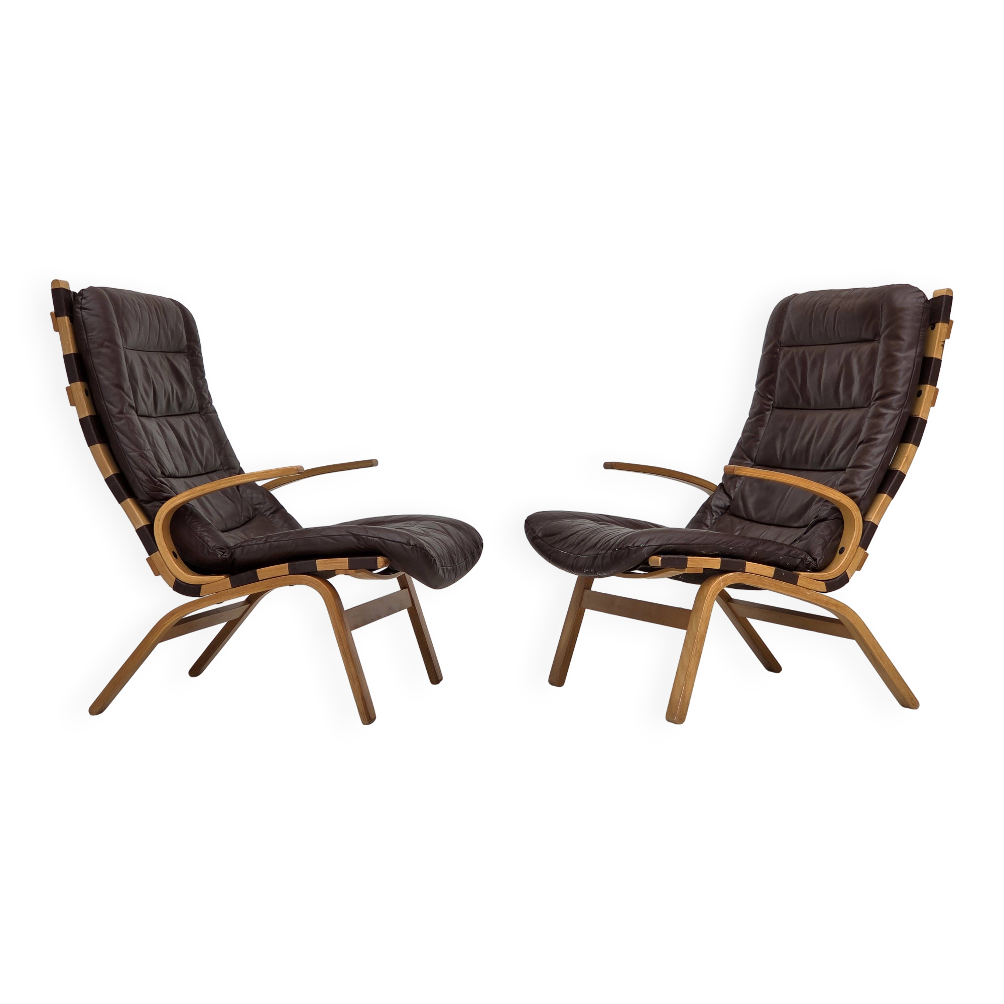 1970s, Danish design by Farstrup, set of 2 armchairs, furniture leather.