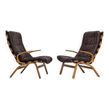 1970s, Danish design by Farstrup, set of 2 armchairs, furniture leather.