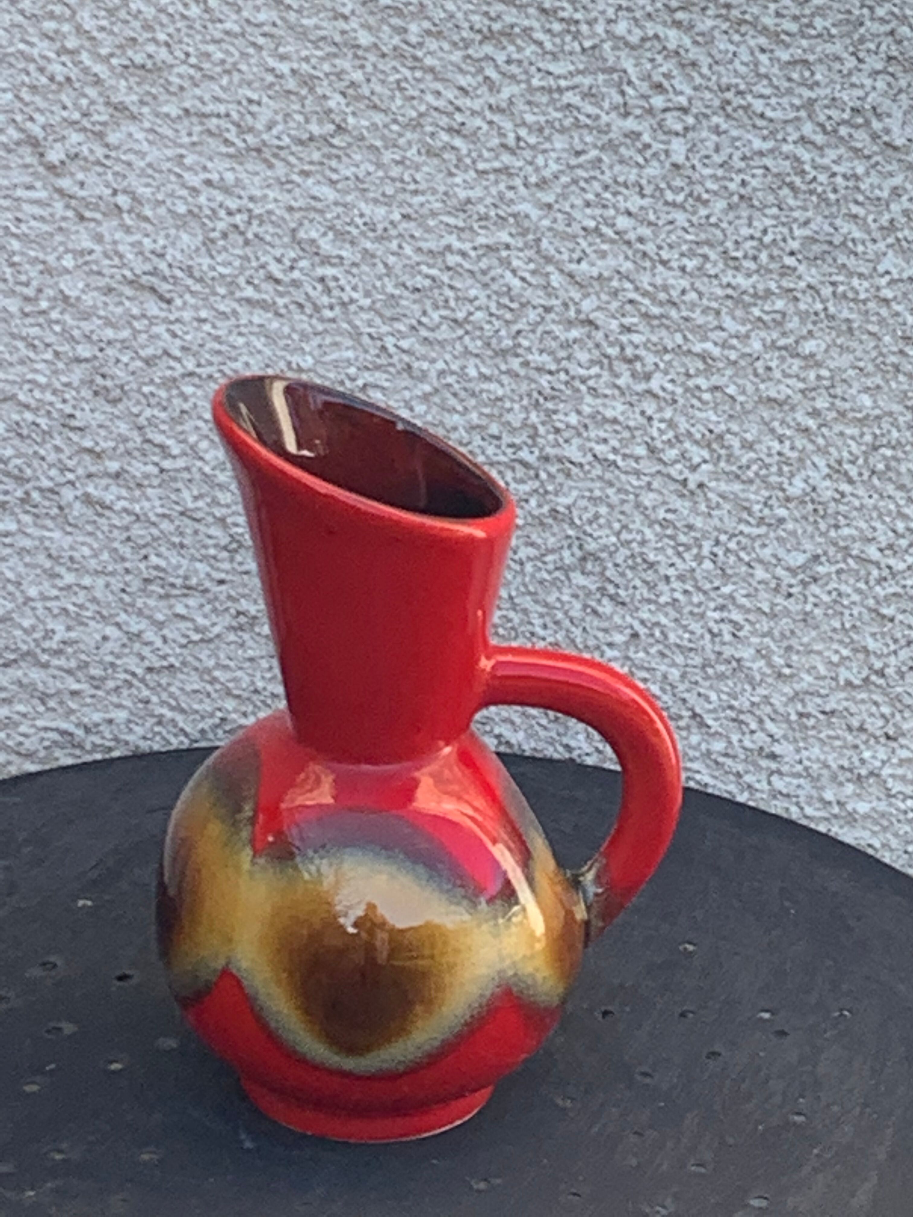Red and beige glazed ceramic jug, pitcher, carafe, designer and vintage