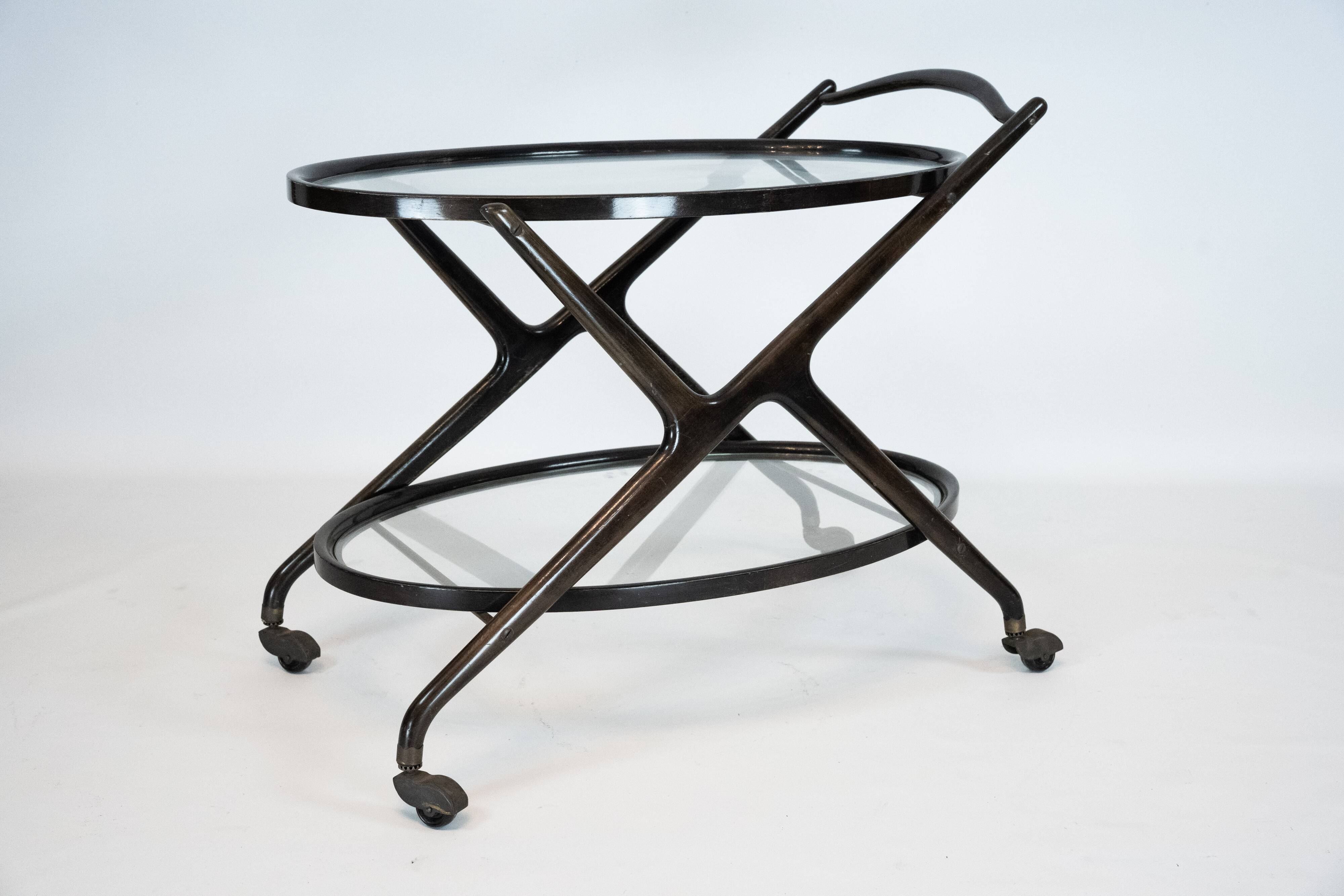 Ebonized Wood and Glass Bar Cart by Cesare Lacca, Italy 1950s