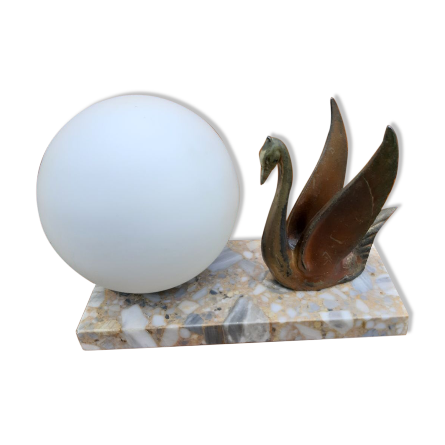 Art Deco swan pose lamp in regulation on marble base globe glass opalin 1940/50