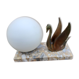 Art Deco swan pose lamp in regulation on marble base globe glass opalin 1940/50