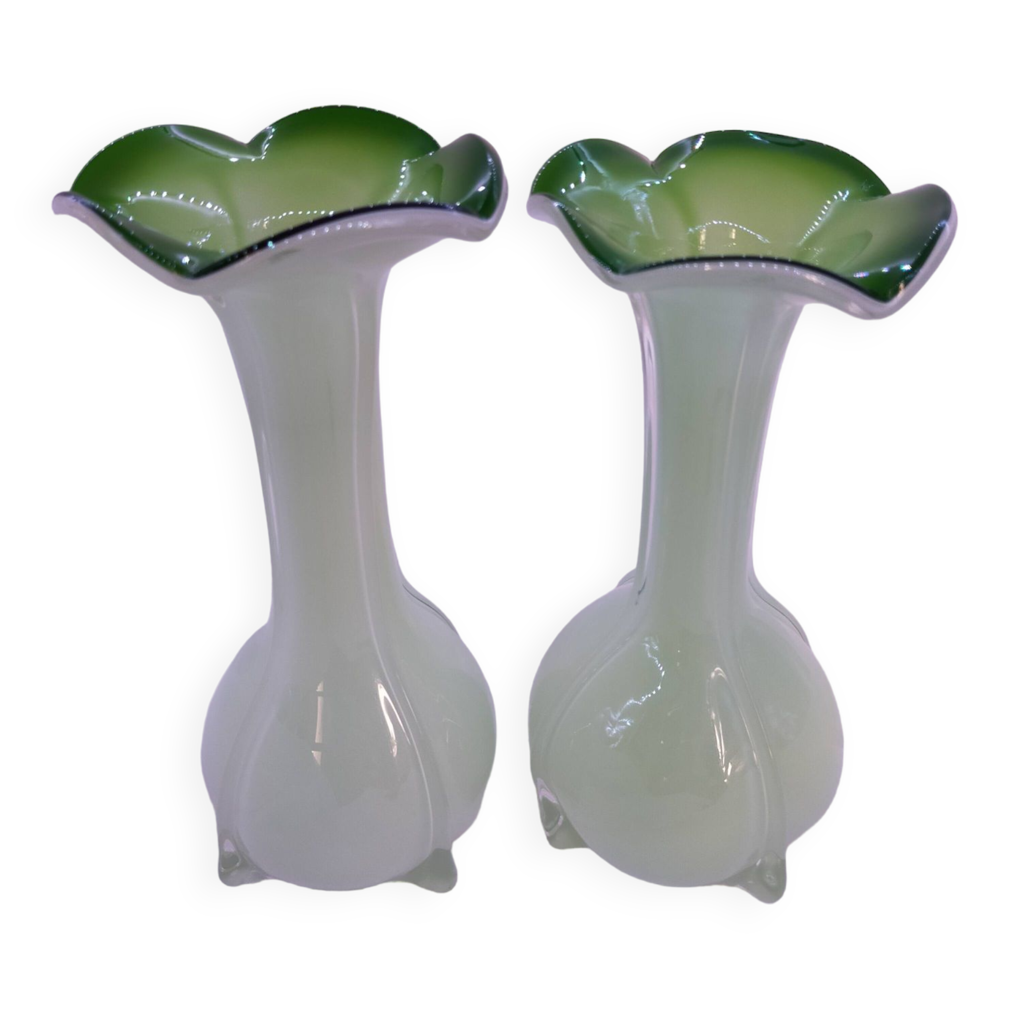 Pair of antique Murano style multi-layered blown glass vases, retro colored, Art Deco