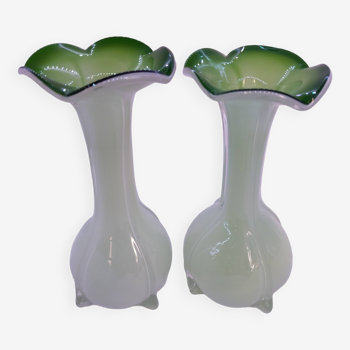 Pair of antique Murano style multilayer blown glass vases, colorful retro, Art Deco
