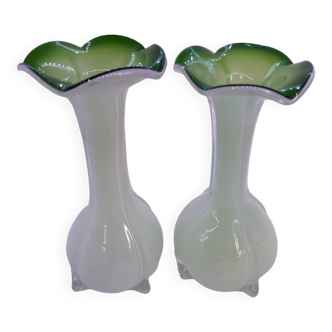 Pair of antique Murano style multilayer blown glass vases, colorful retro, Art Deco