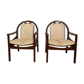 Pair of vintage Baumann armchairs – leather & solid wood – very good condition