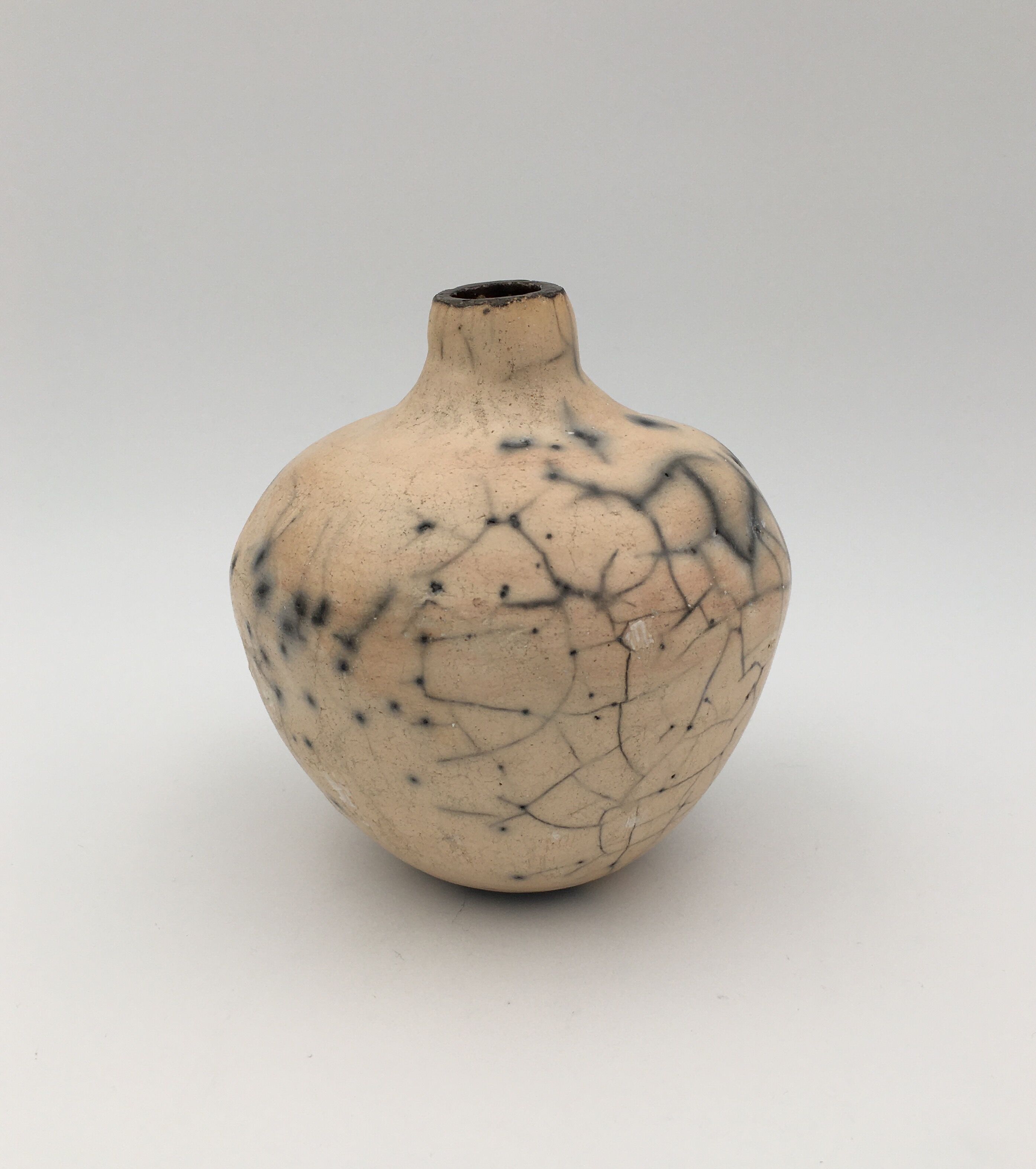 Raku ball vase, beige and black 20th century