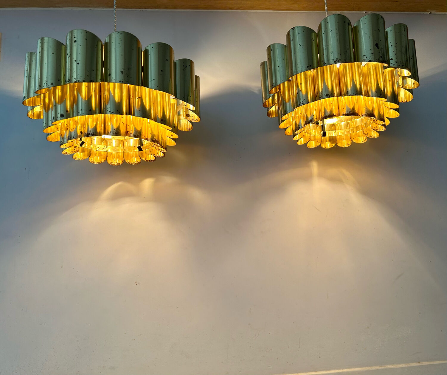 Pair of pendant lamps vintage Thorsten Orrling,solid brass, Suede 1960