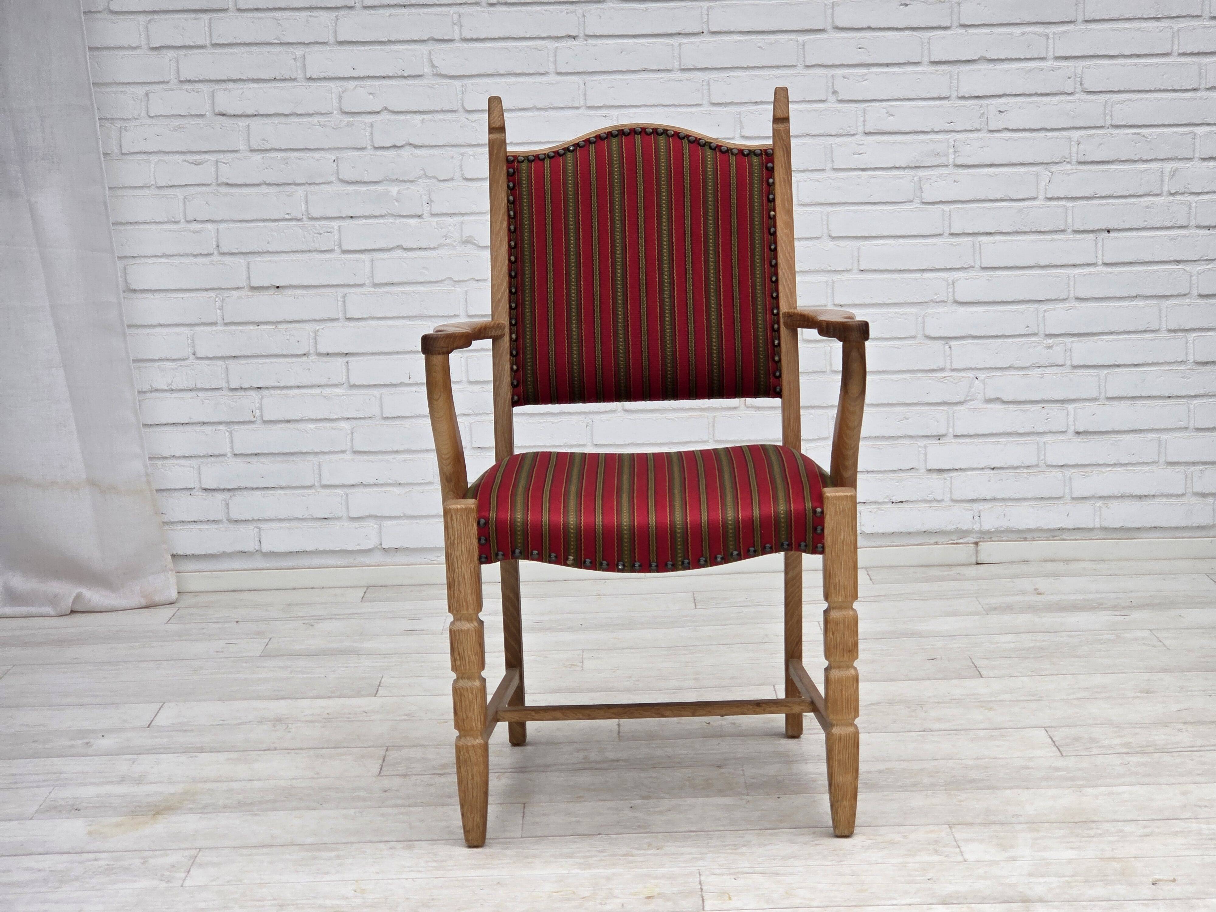 1970s, Danish armchair, striped red furniture wool, solid oak wood.