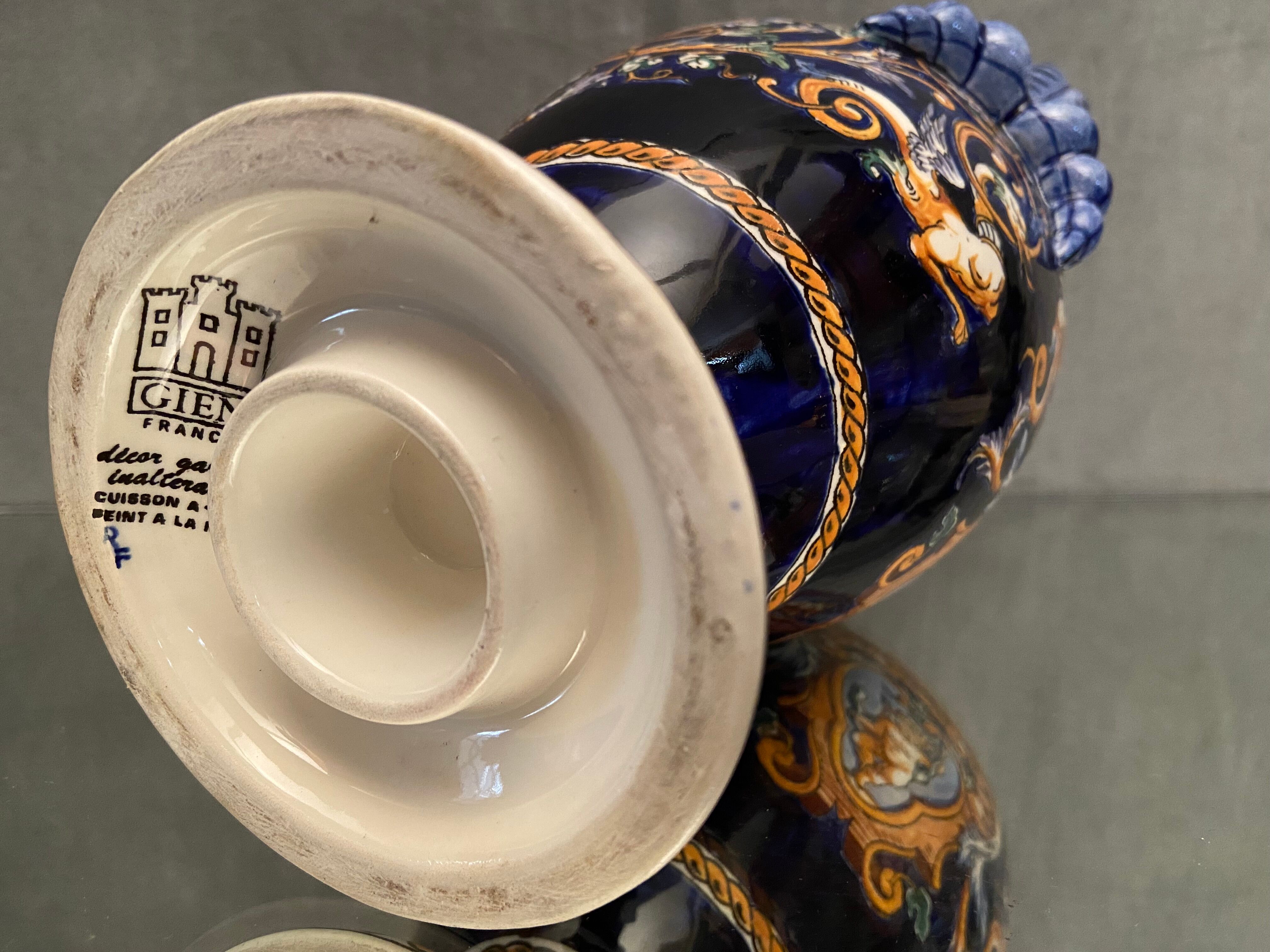 Vase on pedestal with handles in earthenware Gien Italian Renaissance decoration