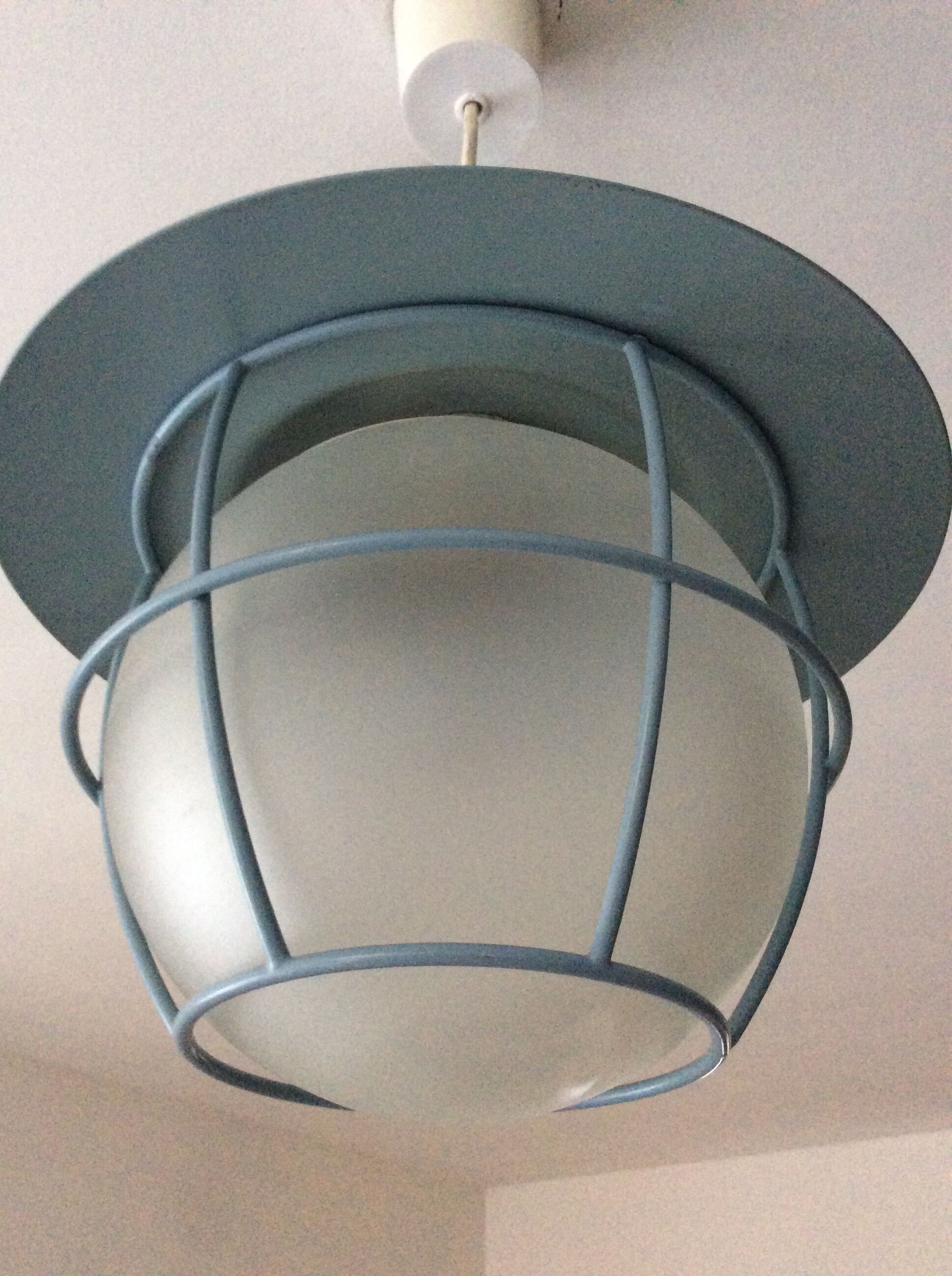 Suspension of the 70s cage in blue metal and frosted glass