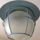 Suspension of the 70s cage in blue metal and frosted glass