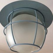 Suspension of the 70s cage in blue metal and frosted glass
