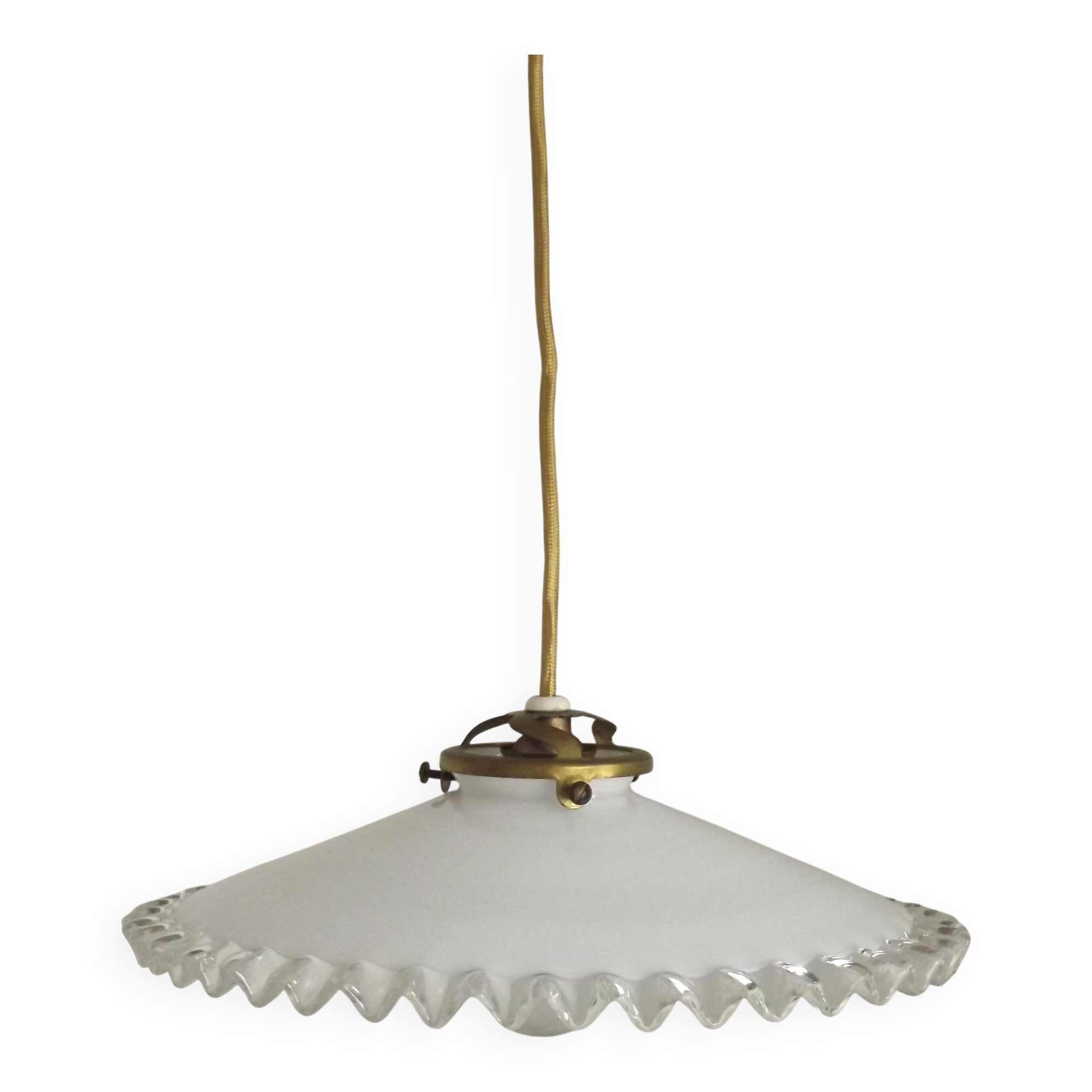 Vintage French White Opaline Glass Pendant Light Clear Glass Edge 5405