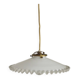 Vintage French White Opaline Glass Pendant Light Clear Glass Edge 5405