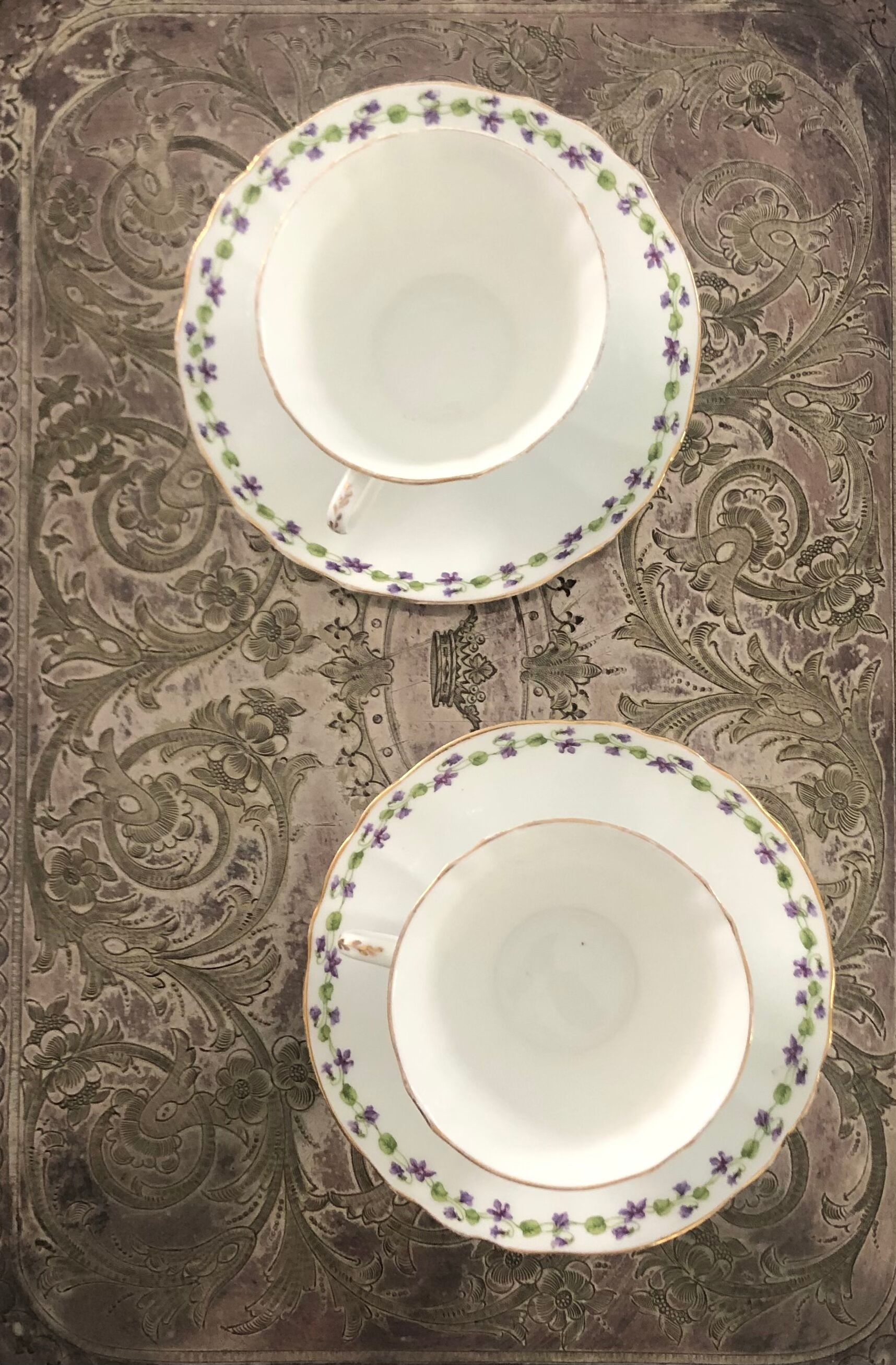 Duo of cup and saucer adderleys england bone china purple décor