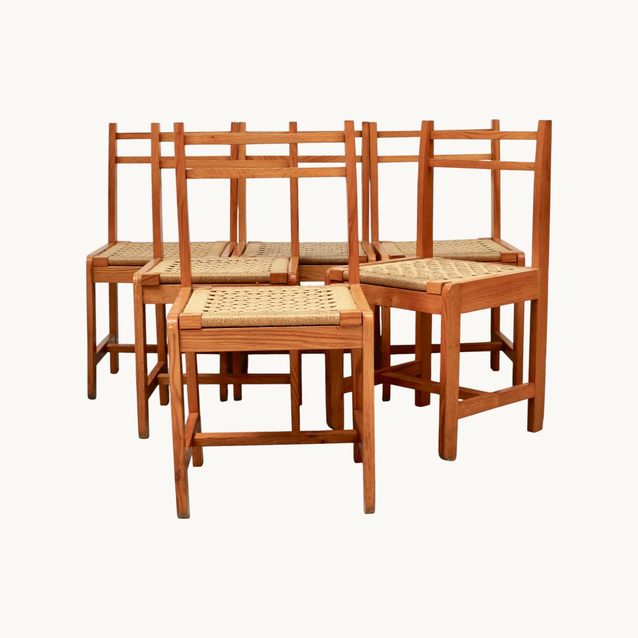 6 light wood chairs with rush seats, Italy, 1960s