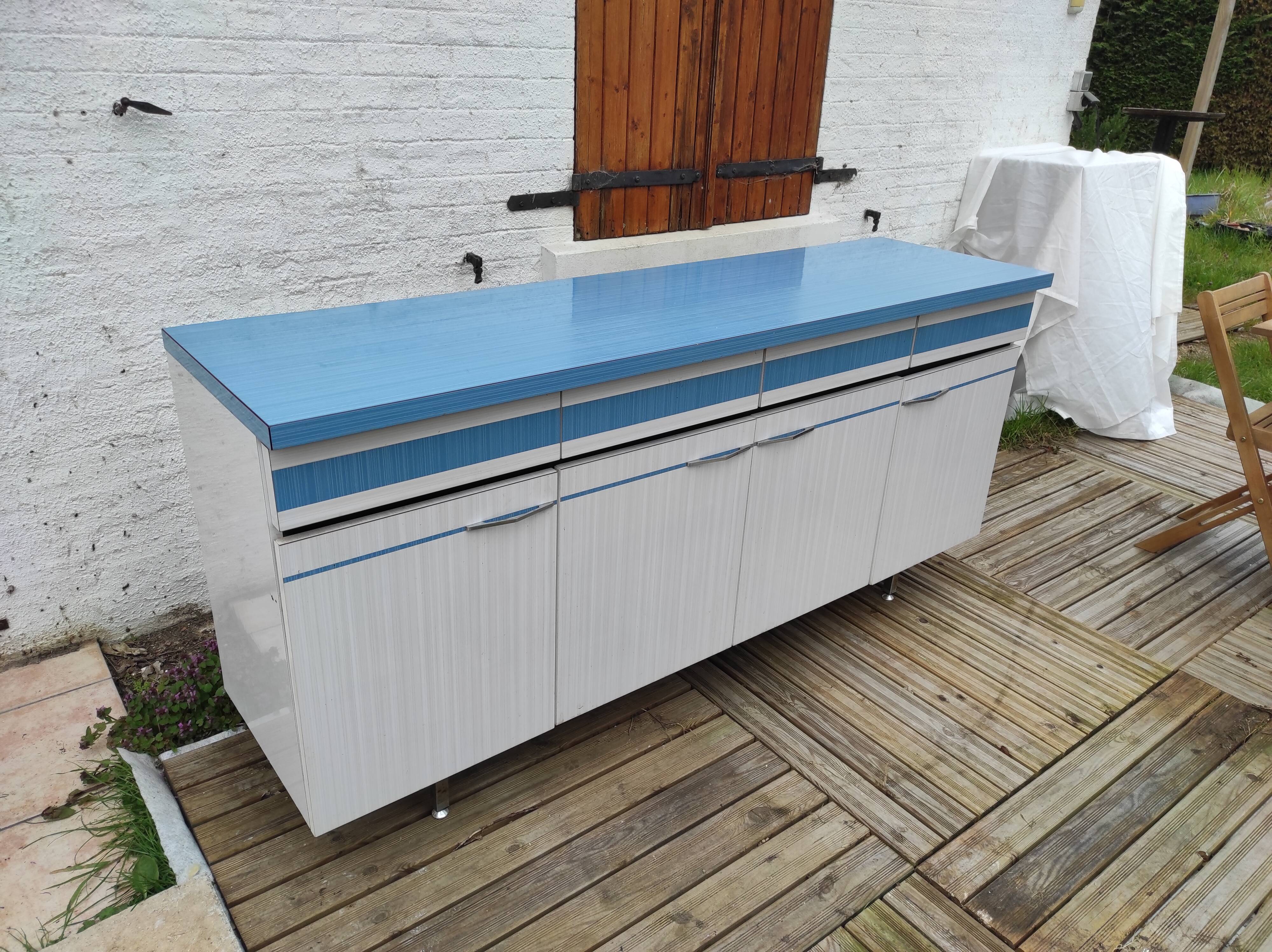 Kitchen cabinet in blue formica 4 doors 4 drawers