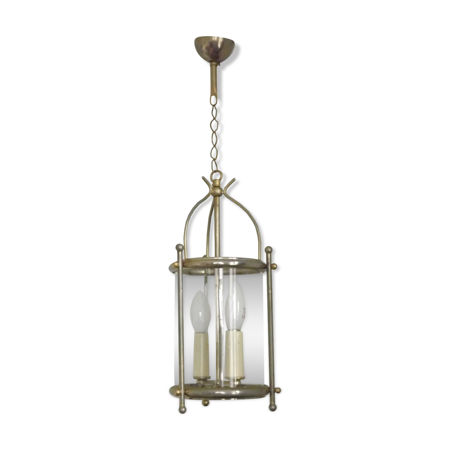 French vintage silver finished brass cylindrical glass 2 light hall lantern 3929