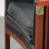 Black leather and wooden Art Deco design armchair