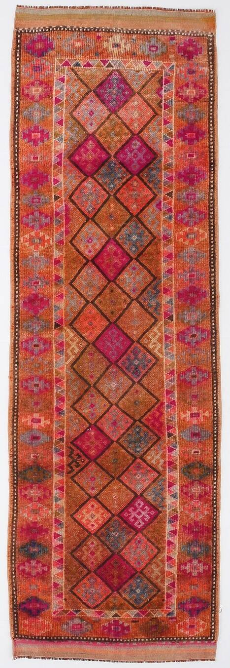 Long Tapis Couloir Vintage Orange et Fuchsia à Motifs Géométriques,91x278Cm