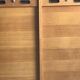 Mid-century industrial haberdashery cabinet in brown oak, double tambour, 1950s.