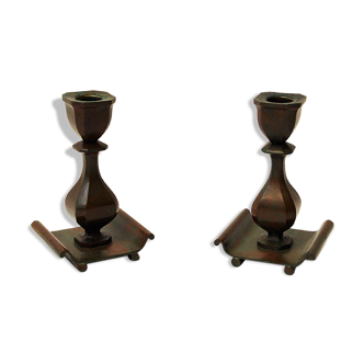 Swedish rustic bronze candleholder pair by Sune Bäckström 1930s