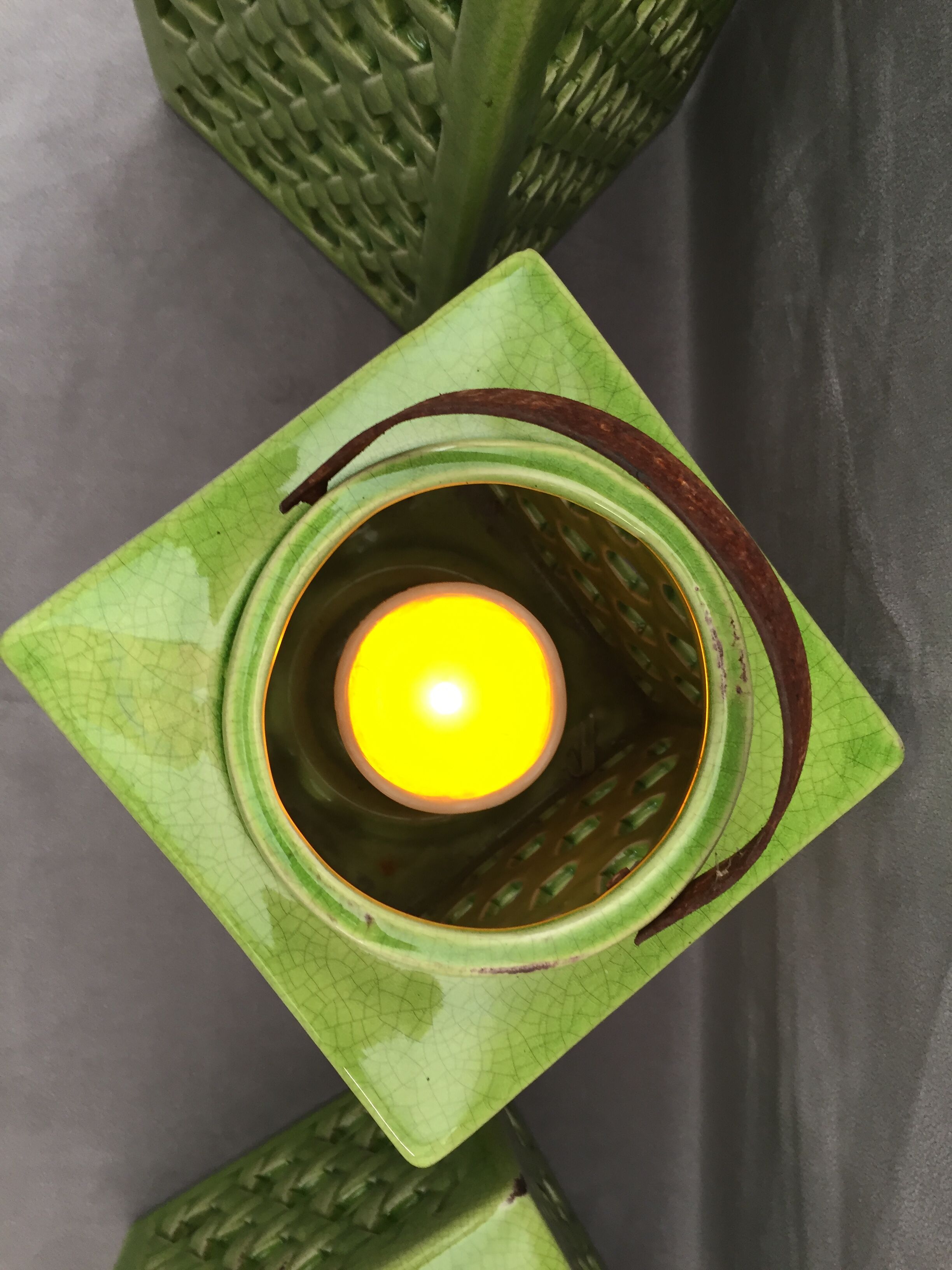 Set trio decorative lanterns design ceramic enamelled cracked glaze