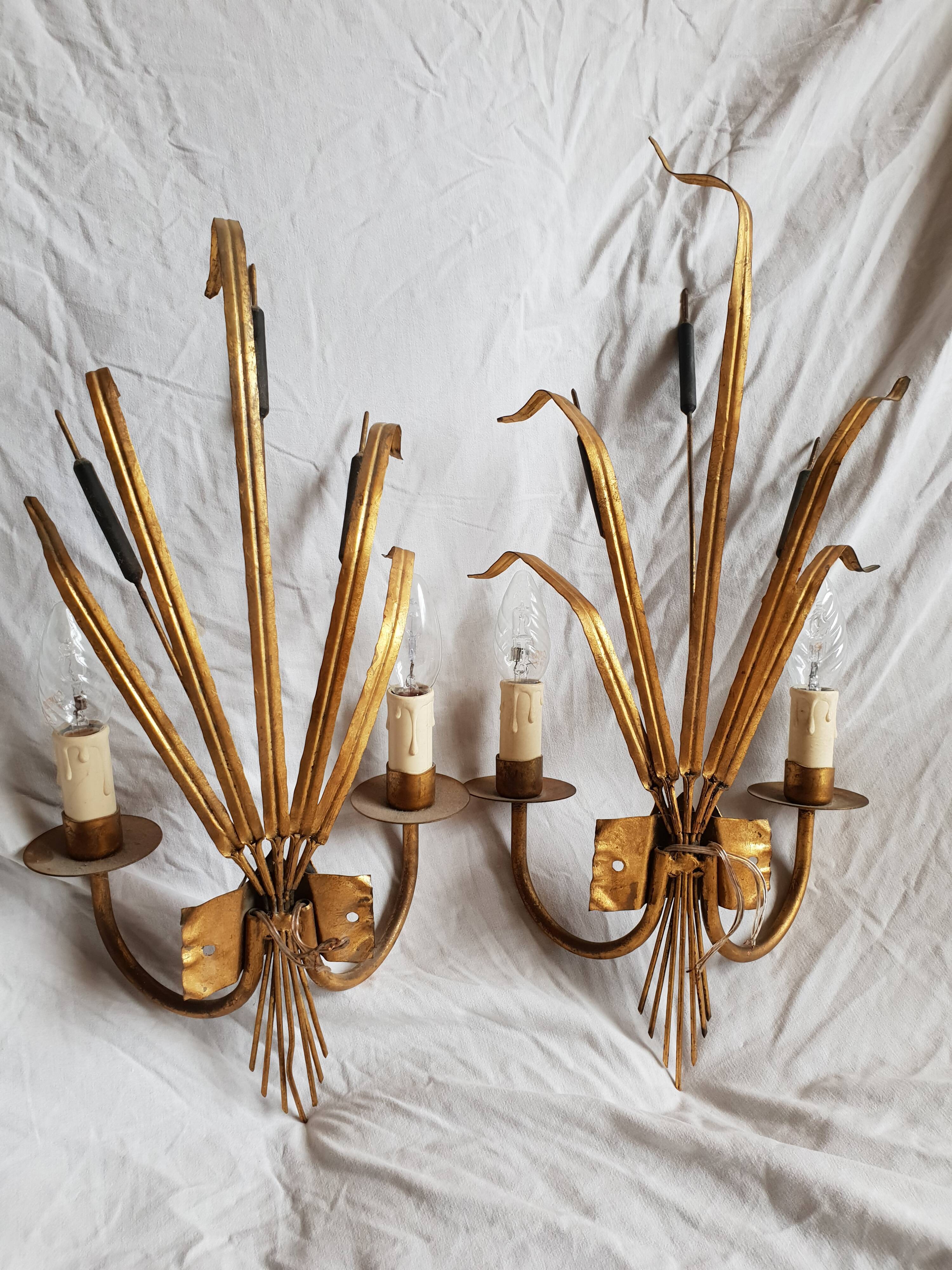 Pair of gilded metal reed wall lamps