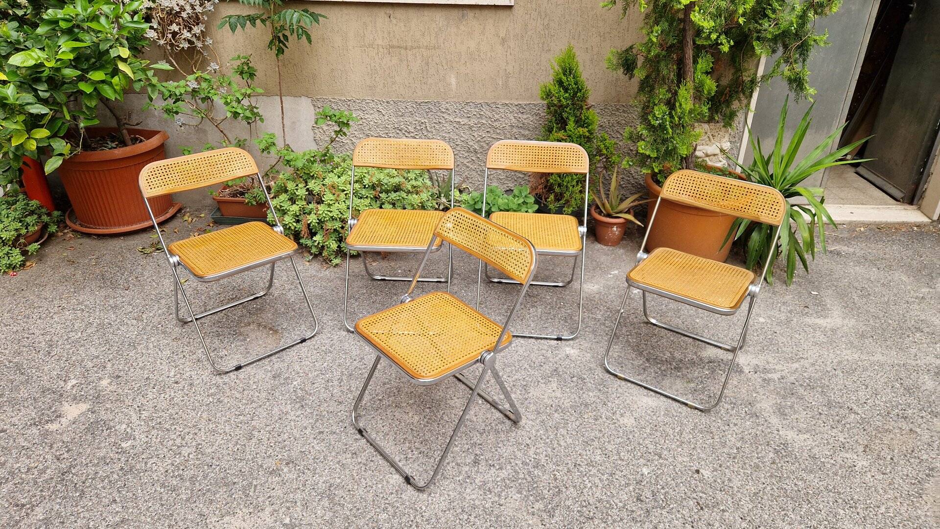 Vintage Plia Folding Chair in Vienna Straw by Giancarlo Piretti for Anonima Castelli, 1970s, Set of 5