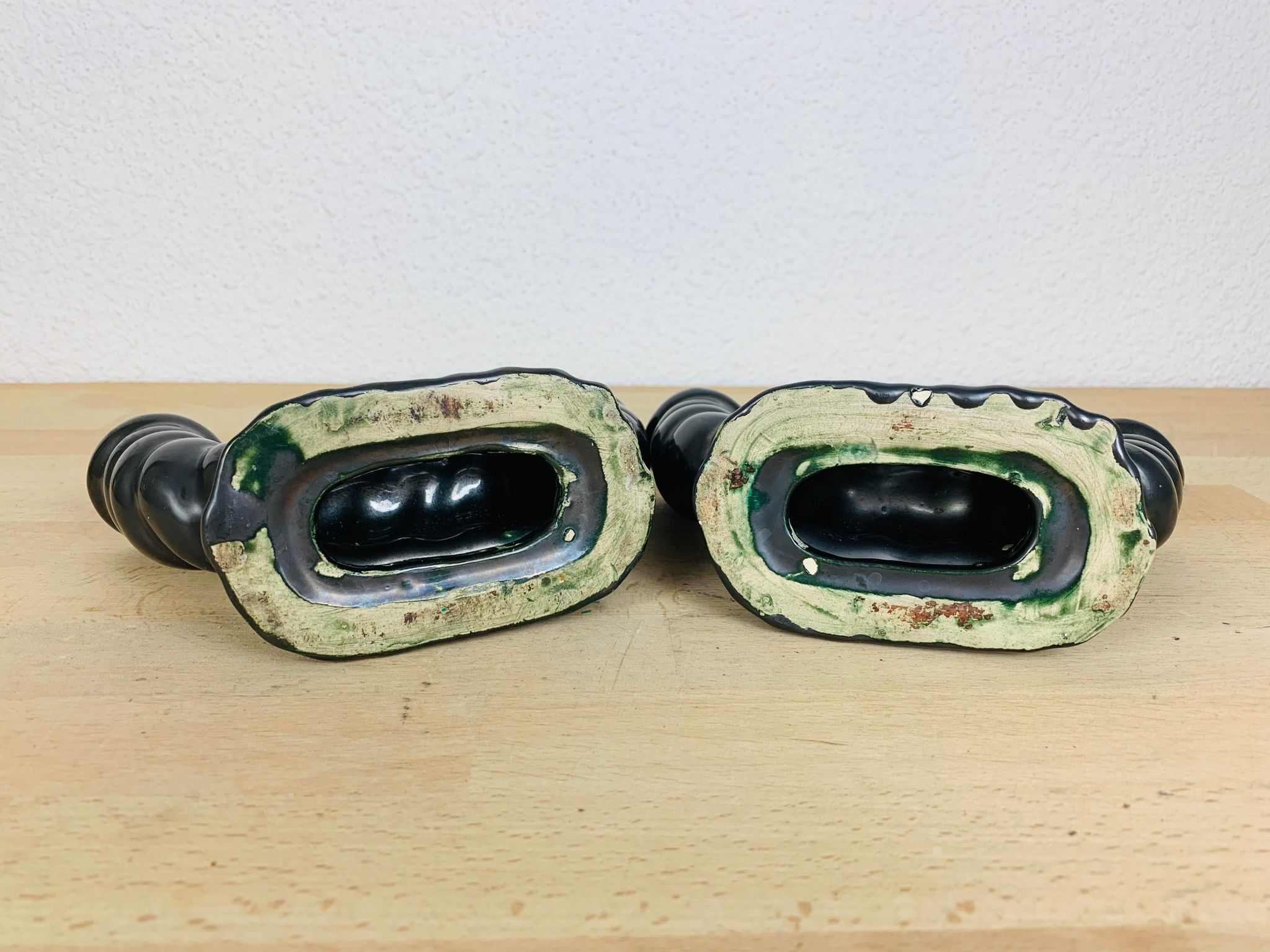 Pair of black Longchamp ceramic candle holders 50s