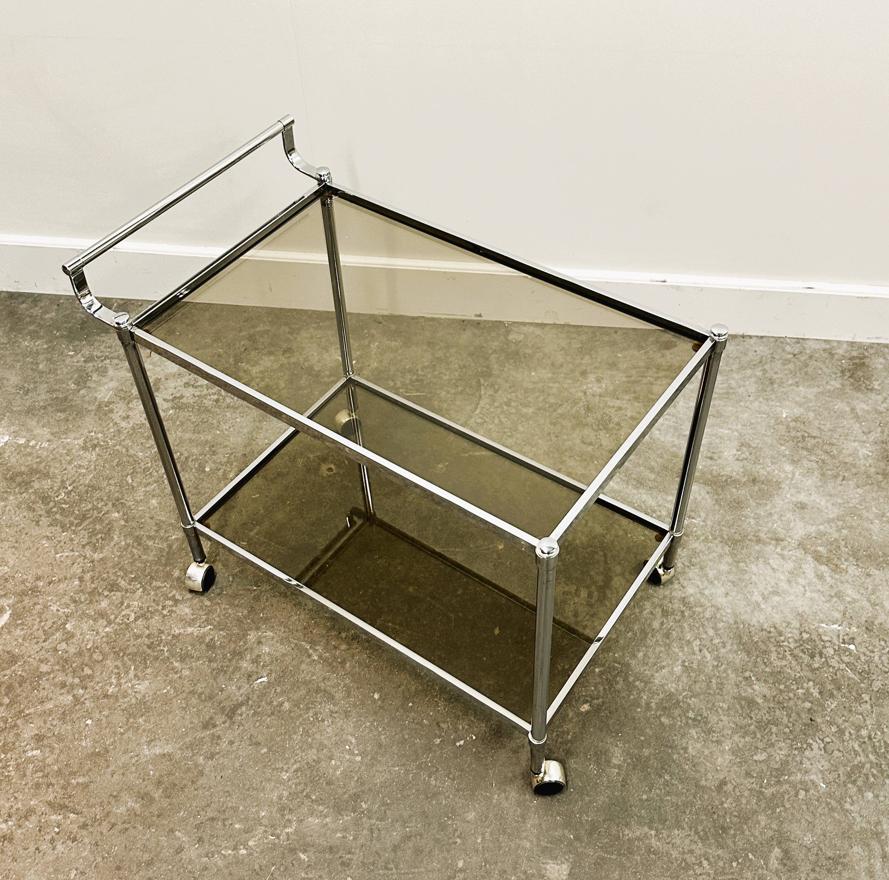 Vintage Chrome Drink Trolley - Bar Cart with smoked glass, 1980s