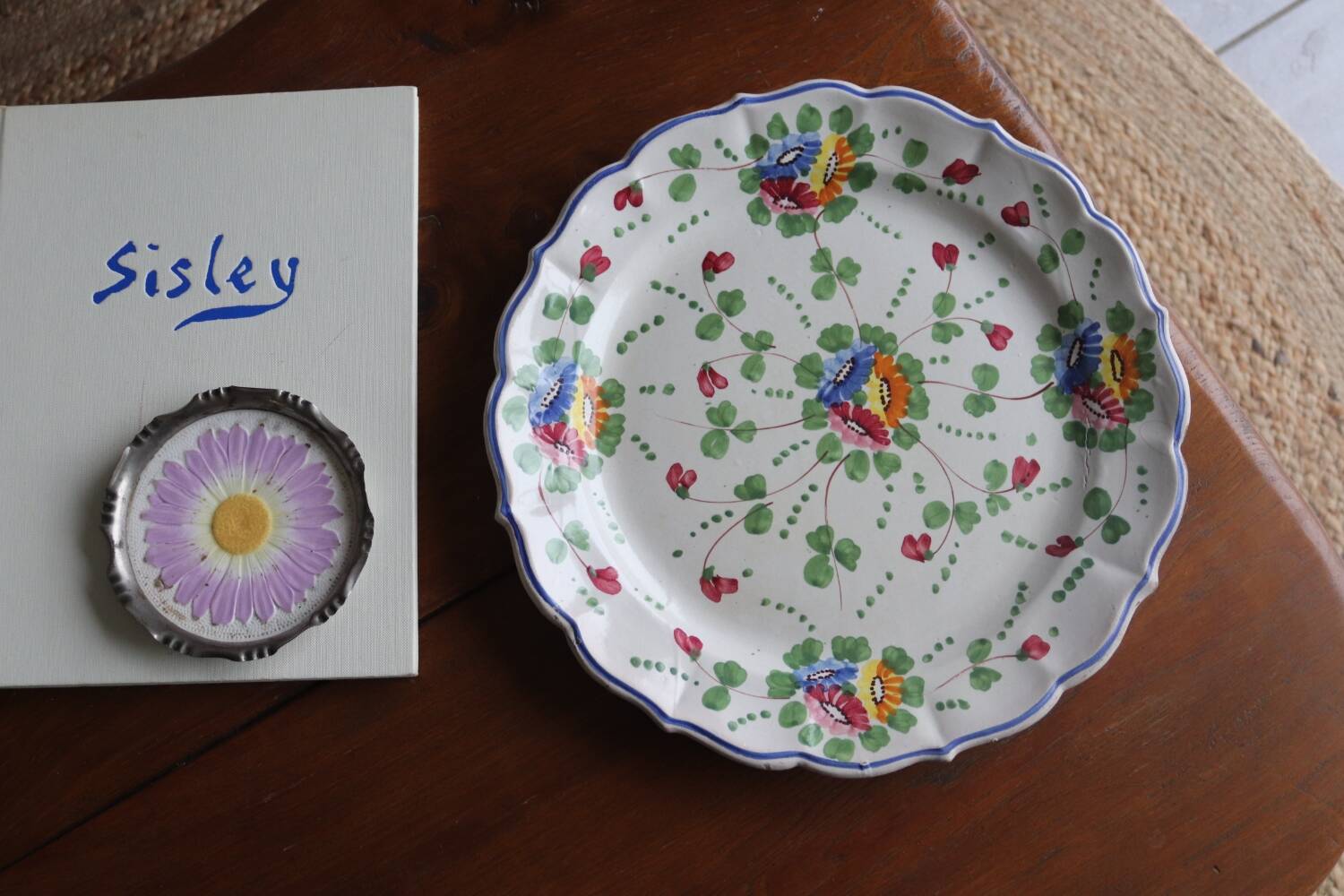 Large painted ceramic flowered dish Italy