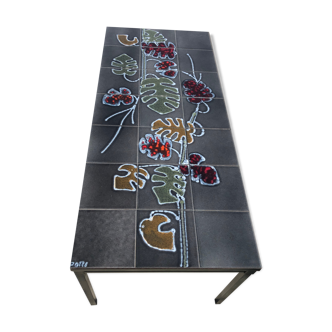 Enamelled ceramic table Philodendrons motifs, signed Adri