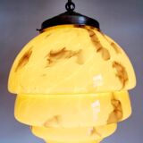 Lampe à suspension art déco en glaçure opaline, gemarmerd, messing, jaren 1930