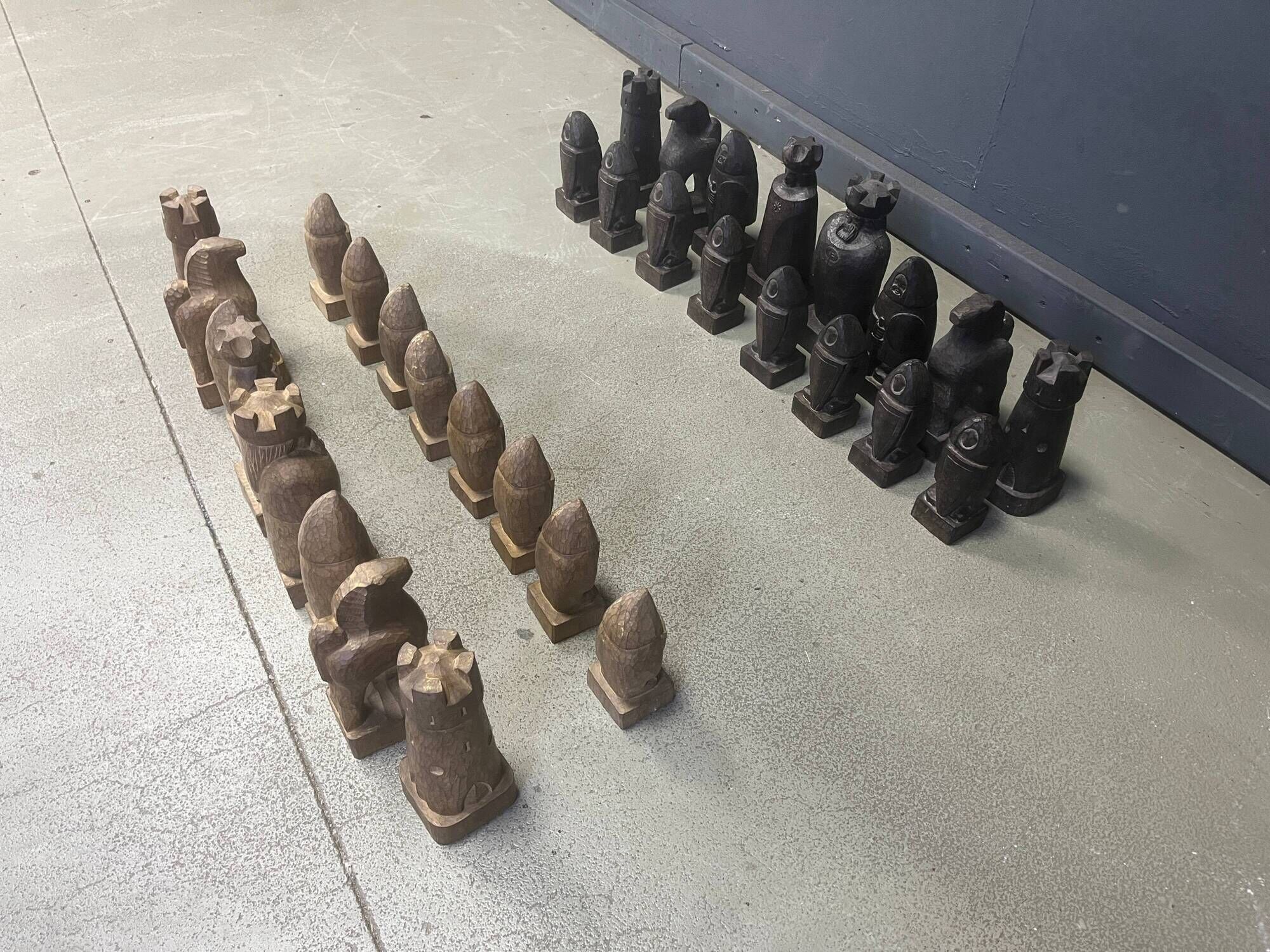 Large hand crafted wooden chess figure set, 1960s