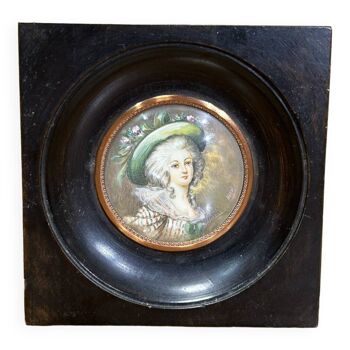 Tableau médaillon, peinture miniature portrait femme au chapeau, " bardi "