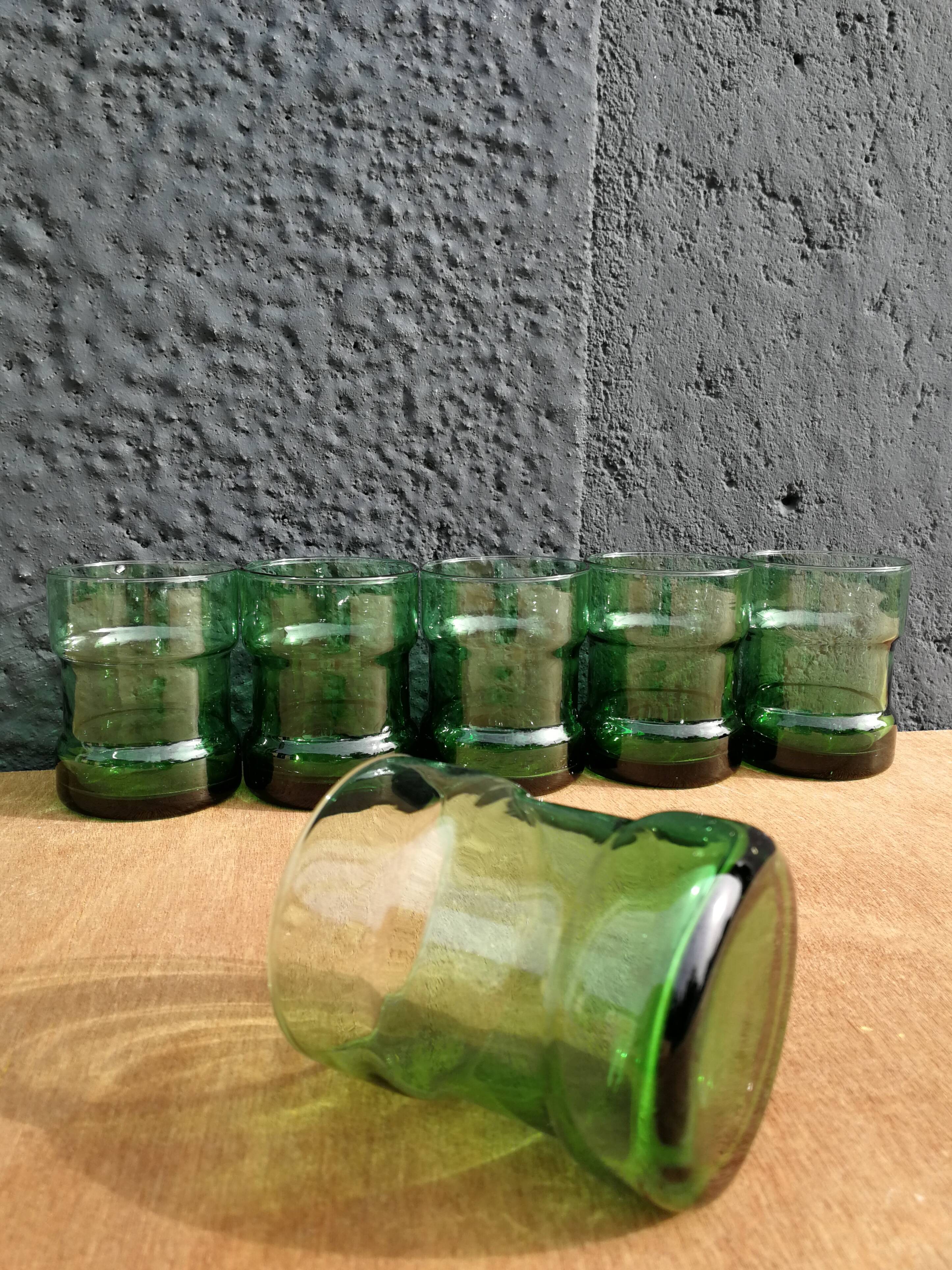 6 green water glasses