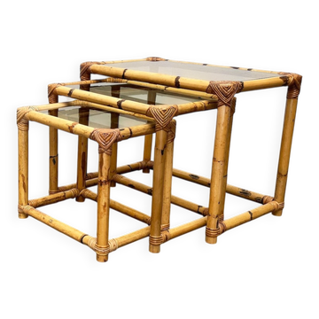 Nest of bamboo and glass tables in mid-century style, 1960s, set of 3.