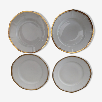 Ensemble de 4 assiettes& plat de service, blanc avec liseré doré